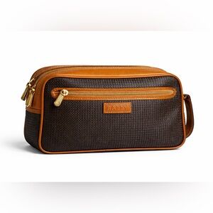 Bally Brown Leather Toiletry Bag Travel Dopp Kit Monogram Canvas Trim Dust Bag